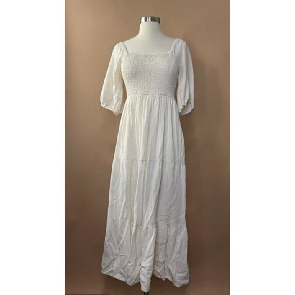 Casee's Linen Blend Maxi Dress M Beige Smocked Puff Sleeve Cottagecore Boho